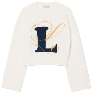 Lacoste Women's Embroidered Intarsia Cable Knit Sweater - White