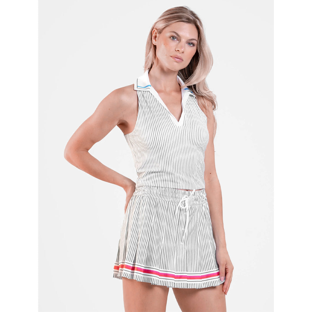 Lucky In Love Women's Lavish Lane Pinstripes Lanes Polo Tank - White