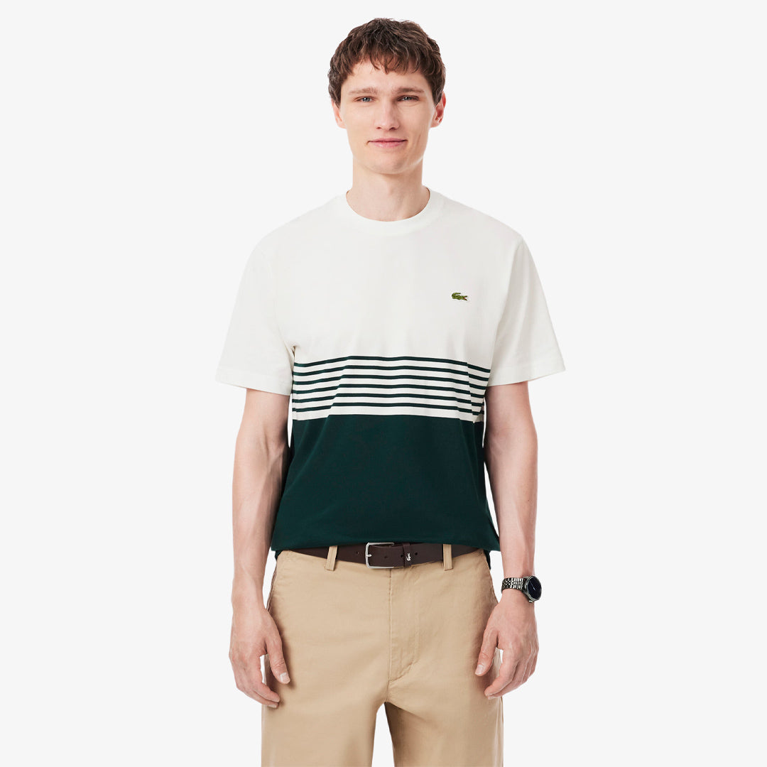 Lacoste Men's Colour Block Striped Jersey Tee - Flour/Sinople
